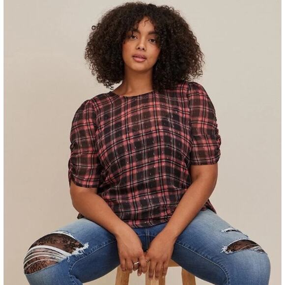 NEW Torrid Red Black Plaid Chiffon Lurex Ruched Sleeve Blouse Women's Plus 3X - Picture 1 of 9